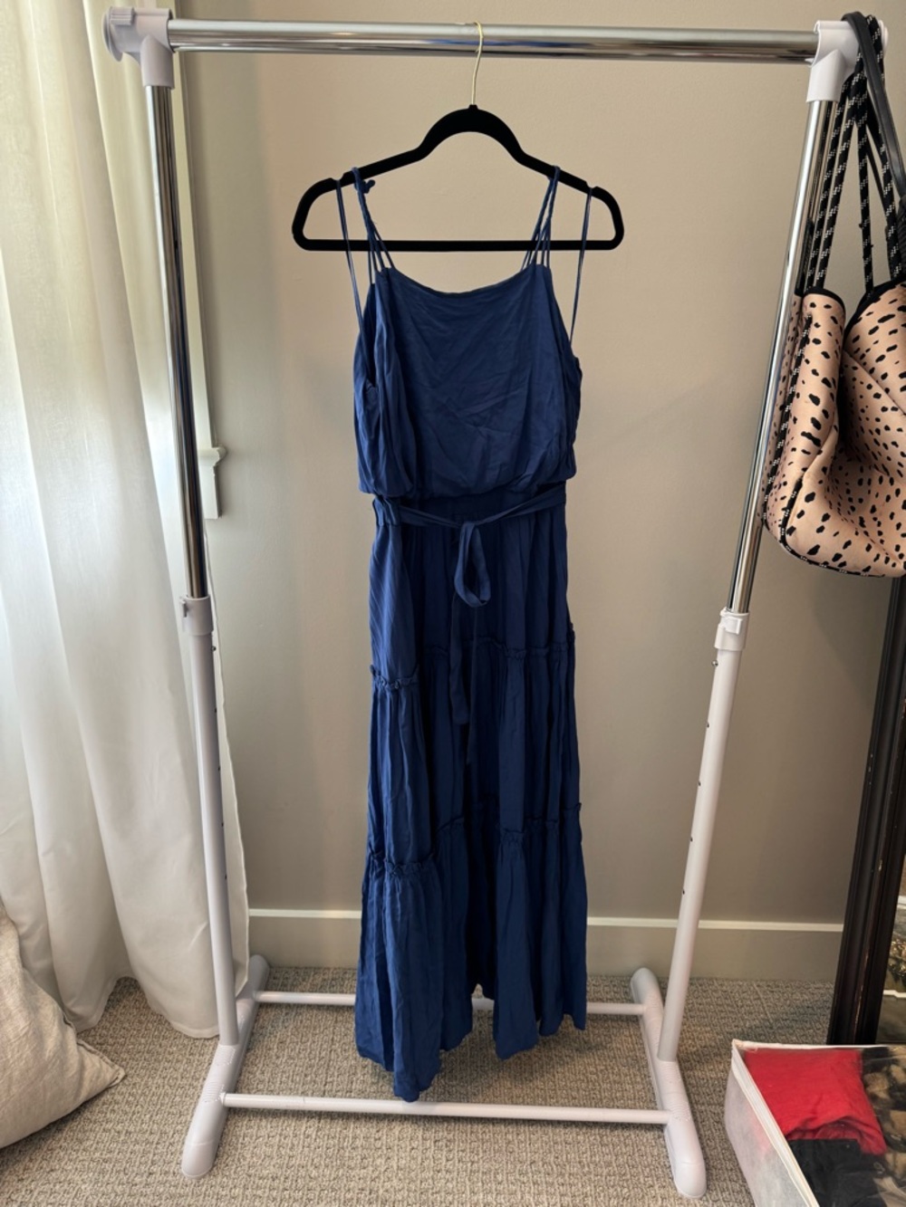 Free People Navy Blue Tiered Maxi Dress with Double Spaghetti Straps